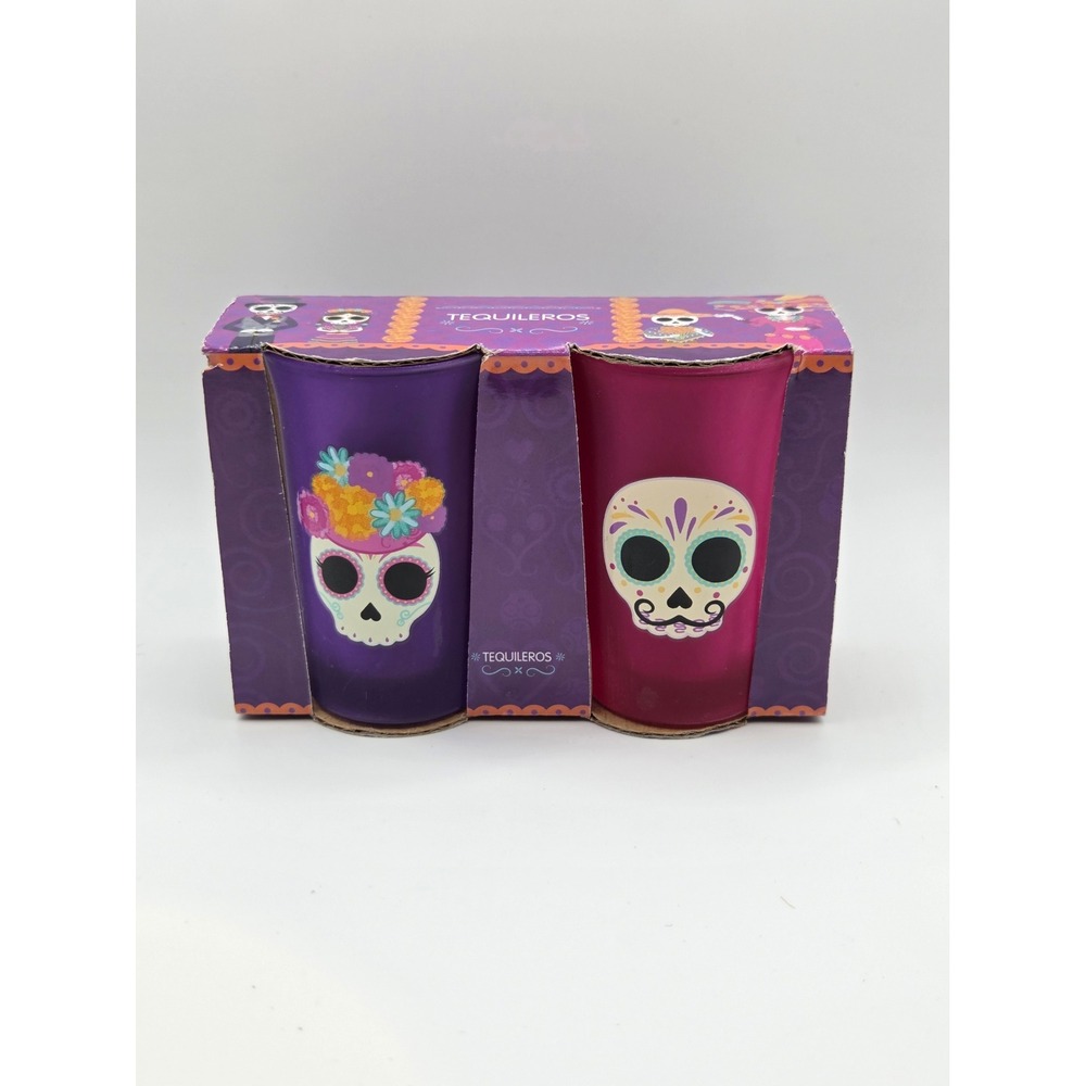 Tequileros Dia de los Muertos Sugar Skull Shot Glasses Set of 2 Purple Pink